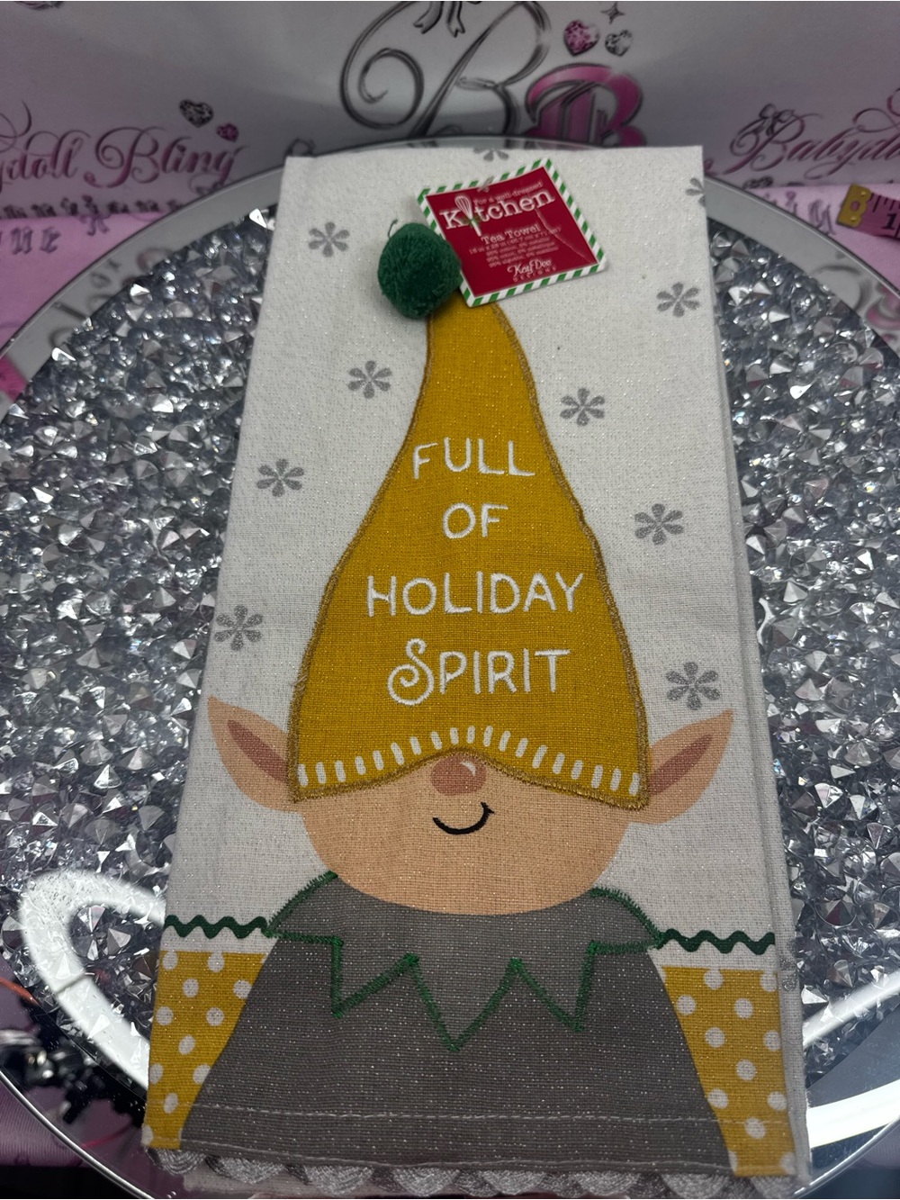 Towel 'Full of Holiday Spirit' Yellow ELF Gnome Tea Towel sparkly Pom pom Xmas